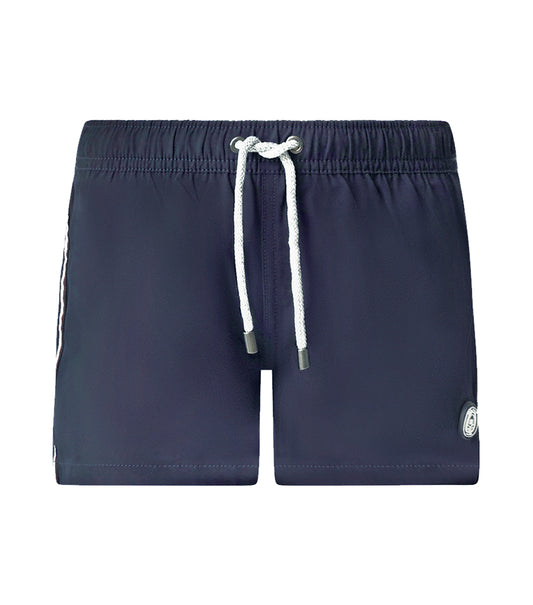 Navy Man wearing navy shorts on a white background