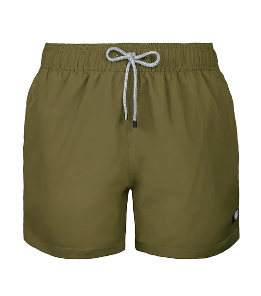 Olive green shorts with a drawstring on a white background