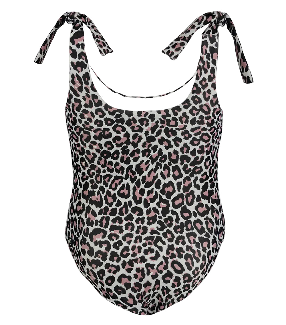 Leopard print swimsuit with tied straps on a white background