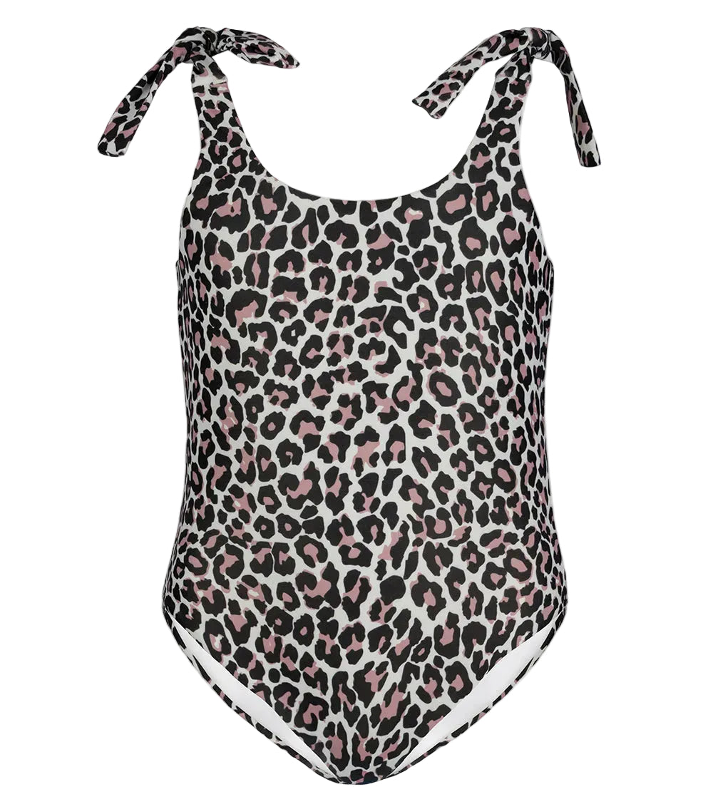Leopard print swimsuit with tie straps on a white background