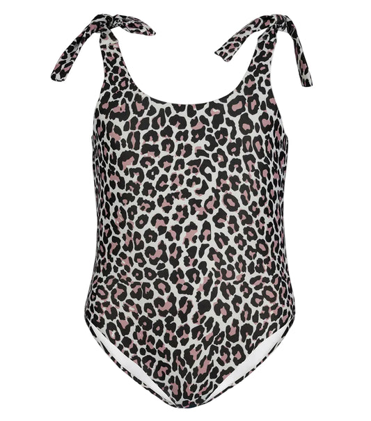 Leopard print swimsuit with tie straps on a white background