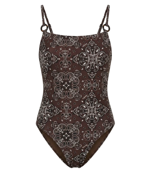 Brown bandana patterned swimsuit on a white background