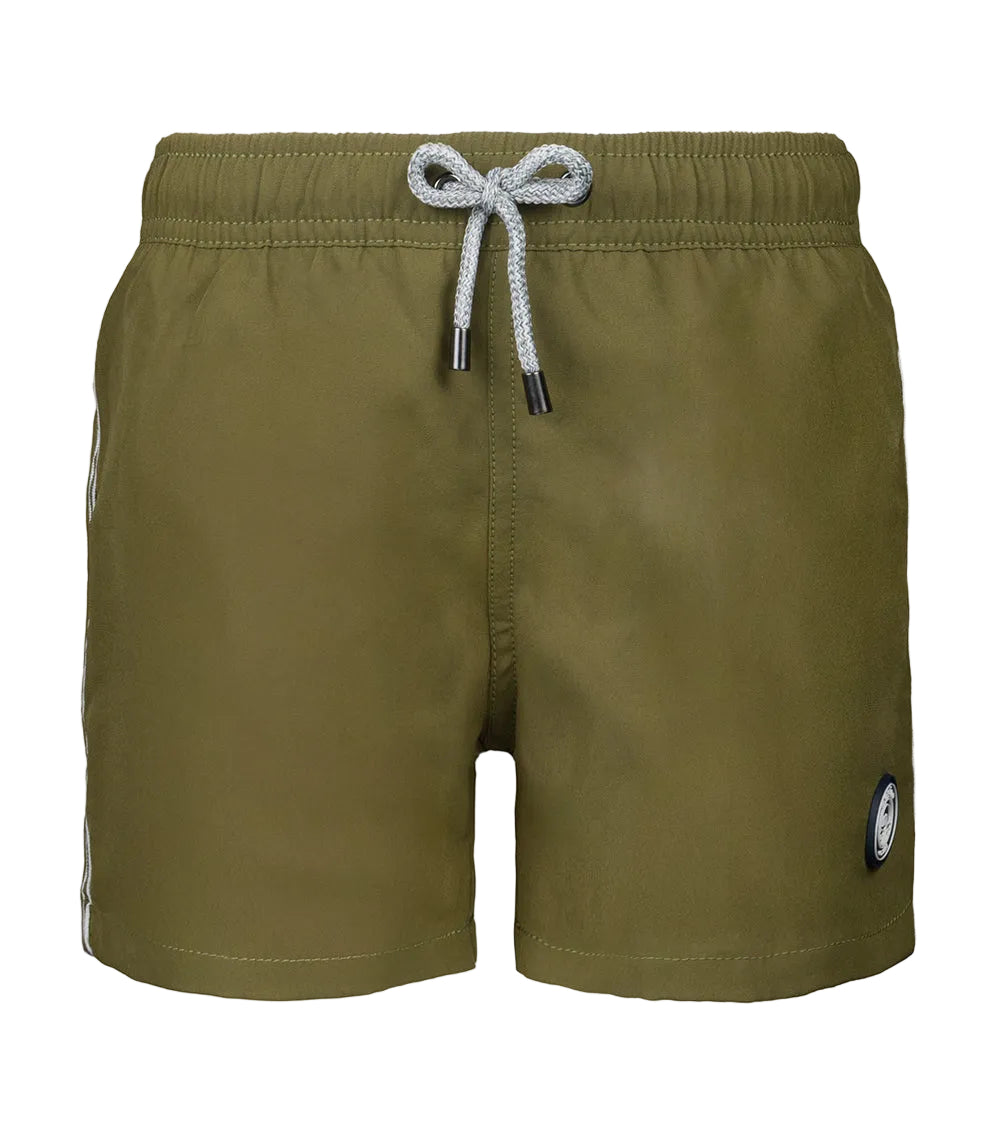olive Green swim shorts with a drawstring on a white background