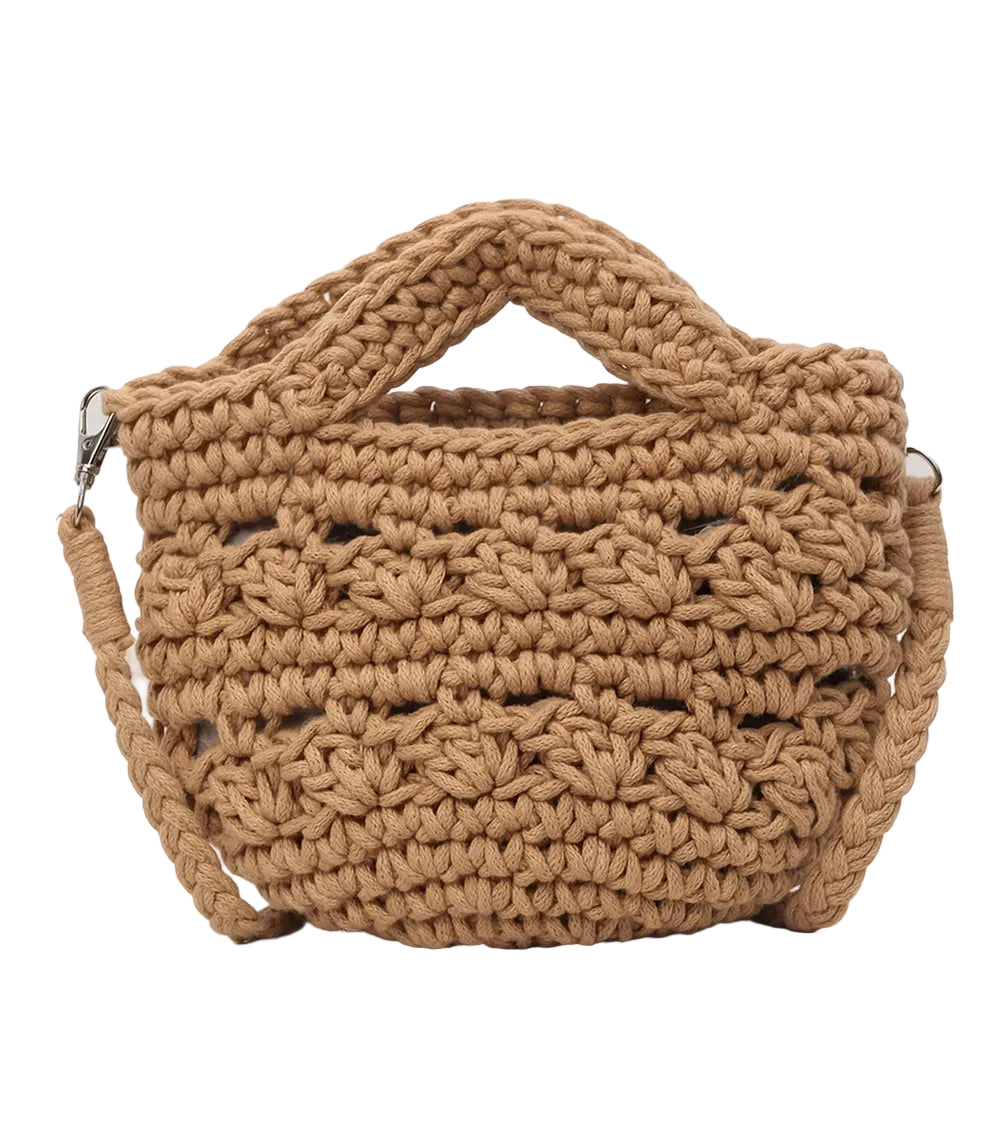 Tan Beige woven handbag with gold accents on a white background