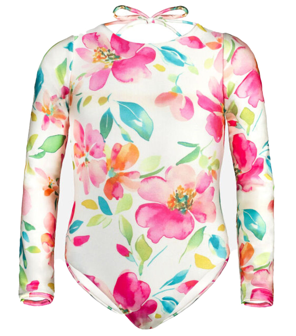 aquarella flowers Floral swimsuit with long sleeves on a white background