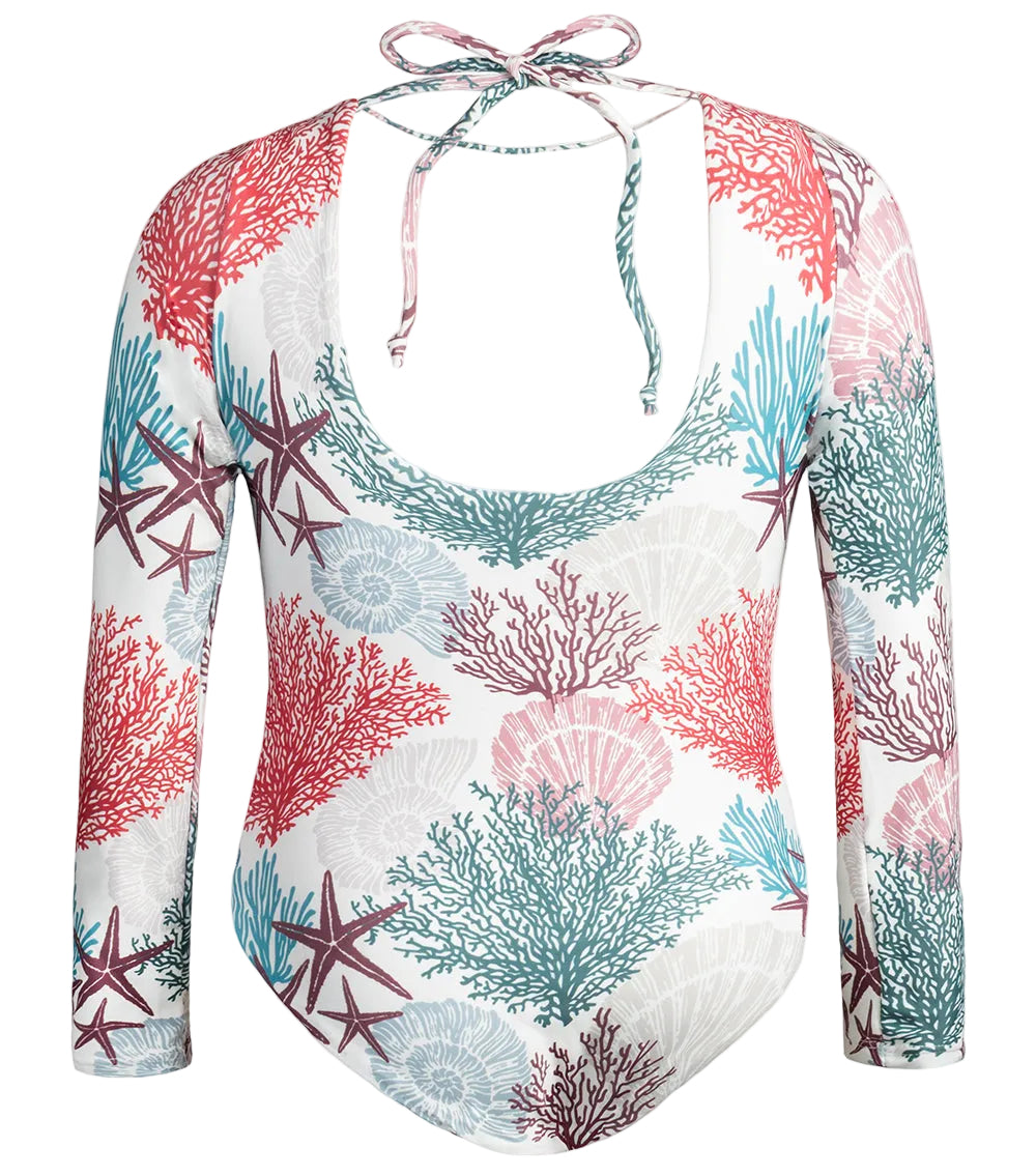 ivory corals One-piece swimsuit with coral and starfish pattern on a white background