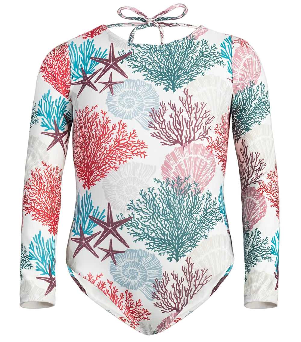 ivory corals Long-sleeve swimsuit with coral and starfish pattern on a white background