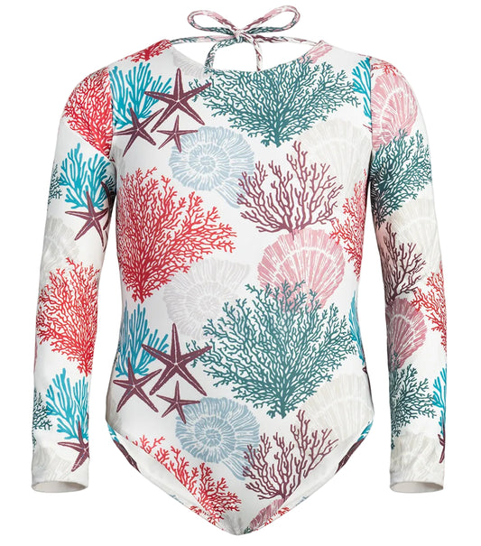 ivory corals Long-sleeve swimsuit with coral and starfish pattern on a white background