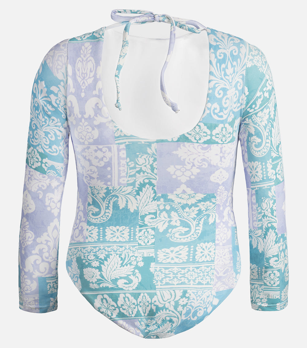 paisley Blue and white patterned swimsuit with long sleeves on a white background