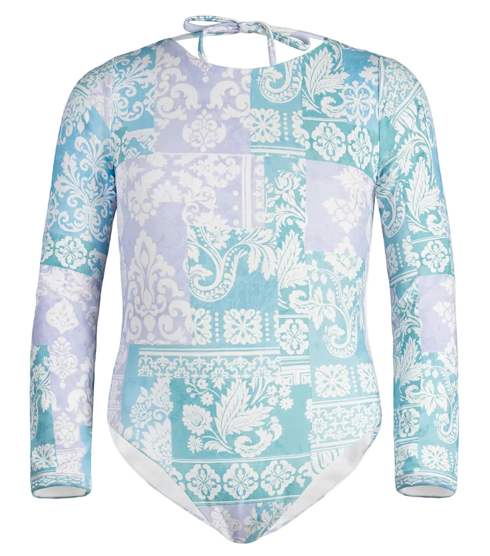 paisley Long-sleeve swimsuit with a blue and white pattern on a white background