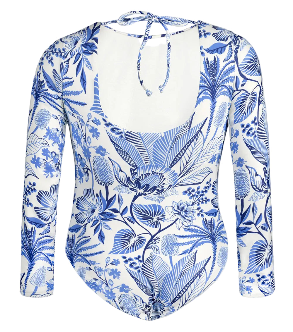 tropical Blue floral patterned swimsuit on a white background