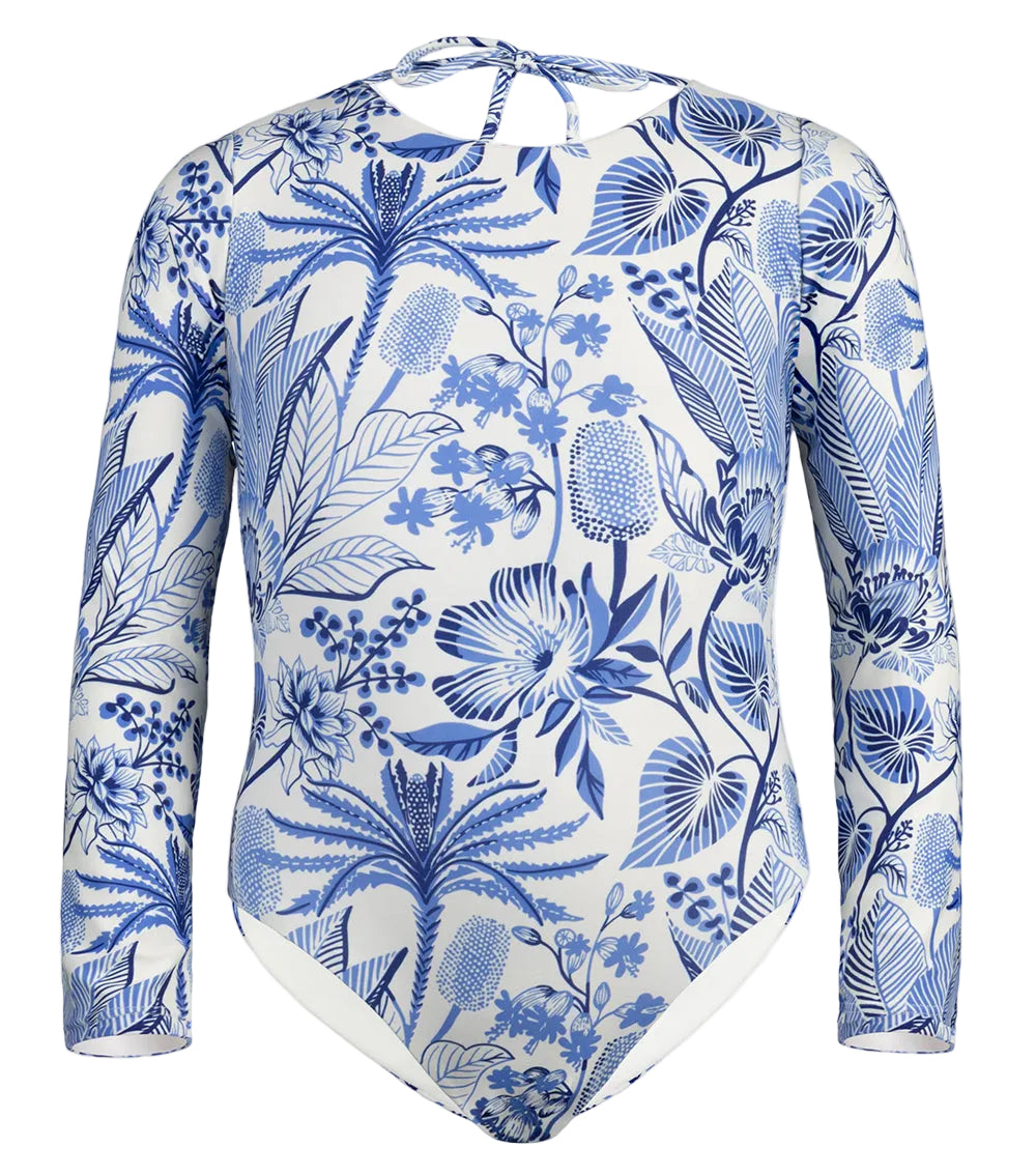 tropical Blue floral patterned long-sleeve shirt on a white background
