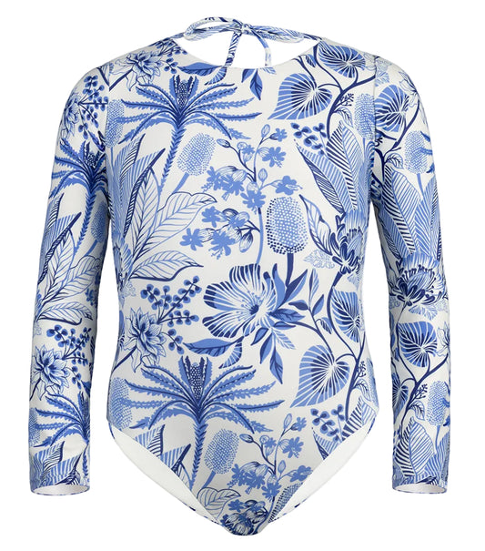 tropical Blue floral patterned long-sleeve shirt on a white background