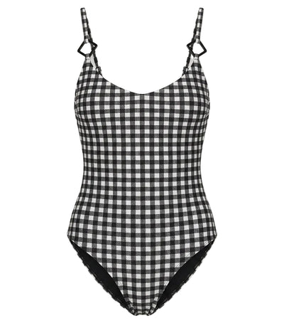 gingham emoji Black and white checkered swimsuit on a white background