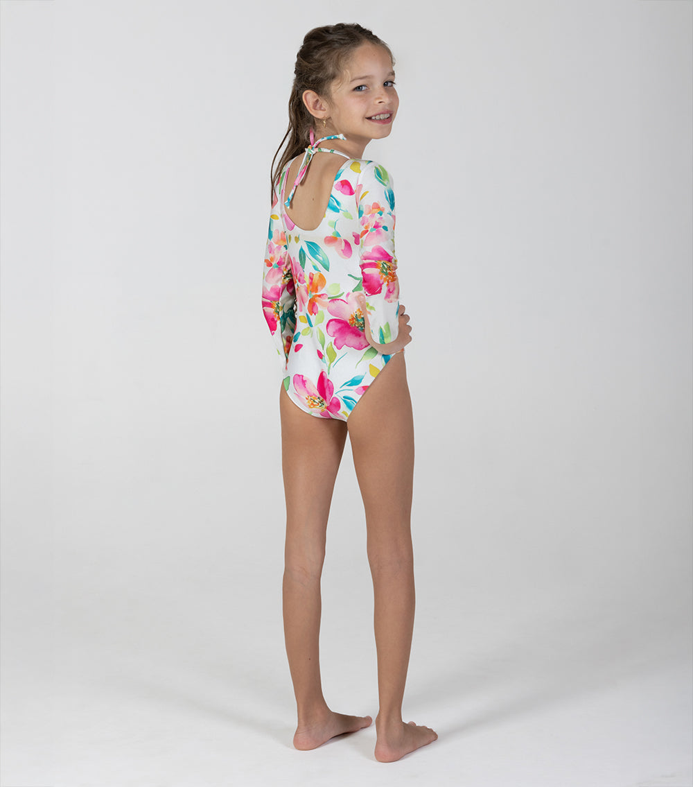 aquarella flowers Young girl wearing a floral swimsuit on a white background