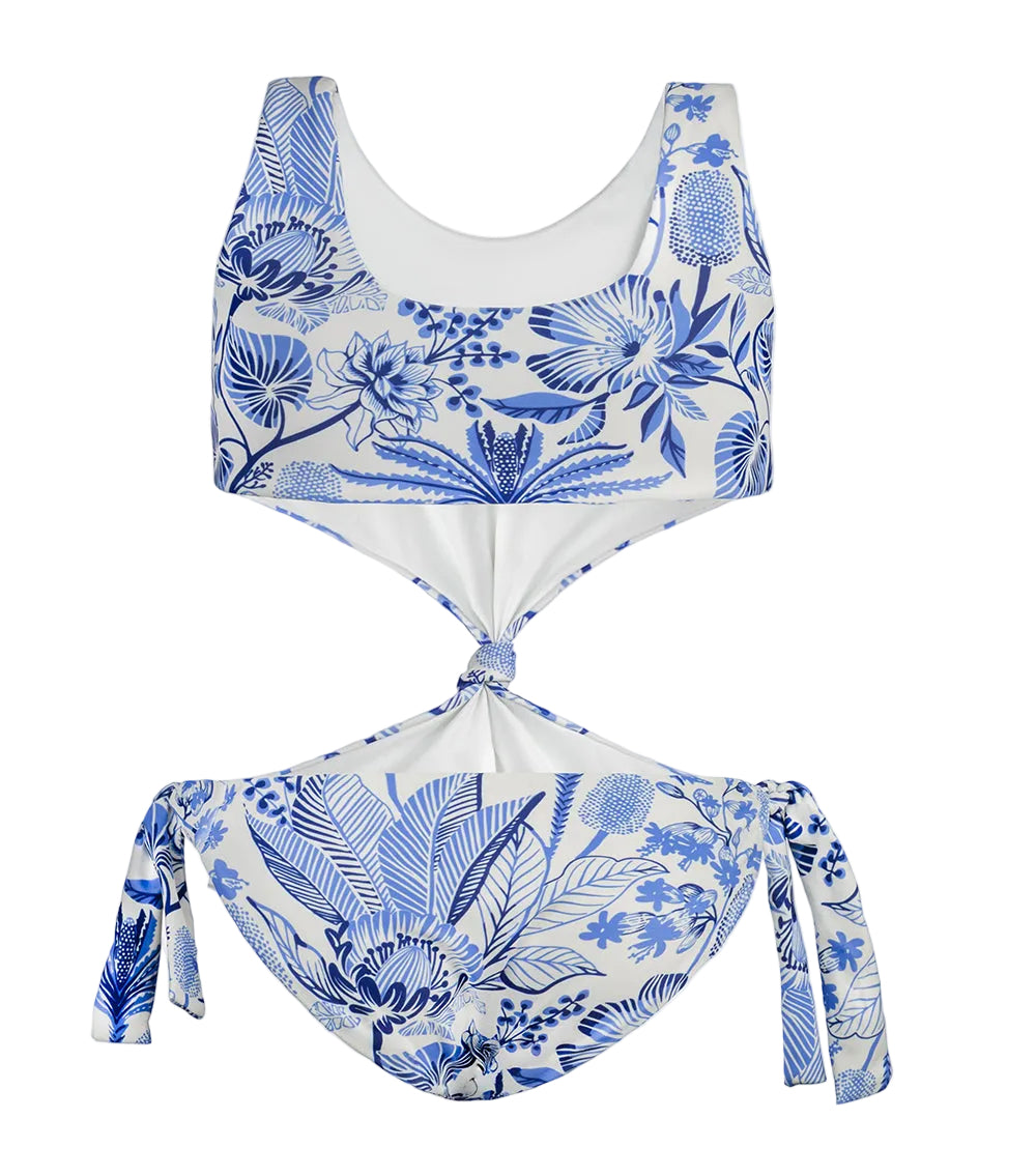tropical White bikini with blue floral pattern on a white background