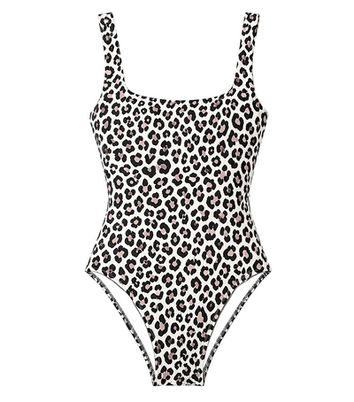 Leopard print one-piece swimsuit on a white background