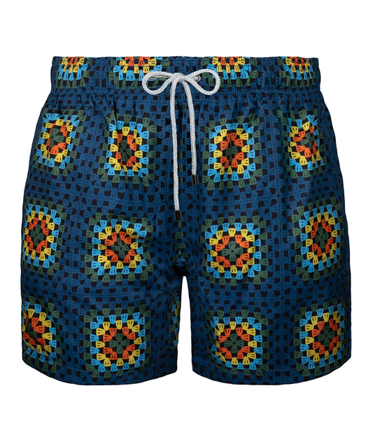 crochet Colorful patterned shorts with a drawstring on a white background