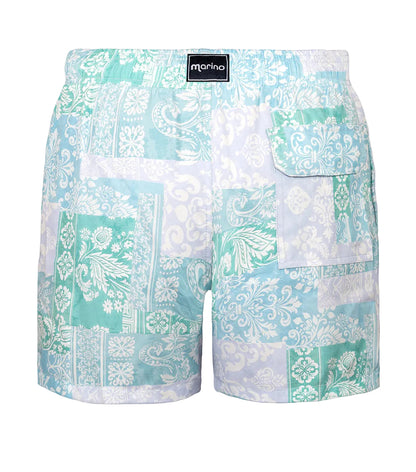 paisley Patterned shorts with a brand label on a white background
