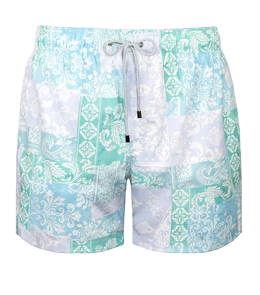 paisley Turquoise and white floral patterned shorts on a white background