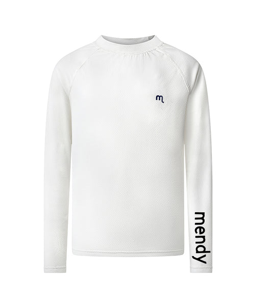 White long-sleeve shirt with 'mendy' branding on a white background