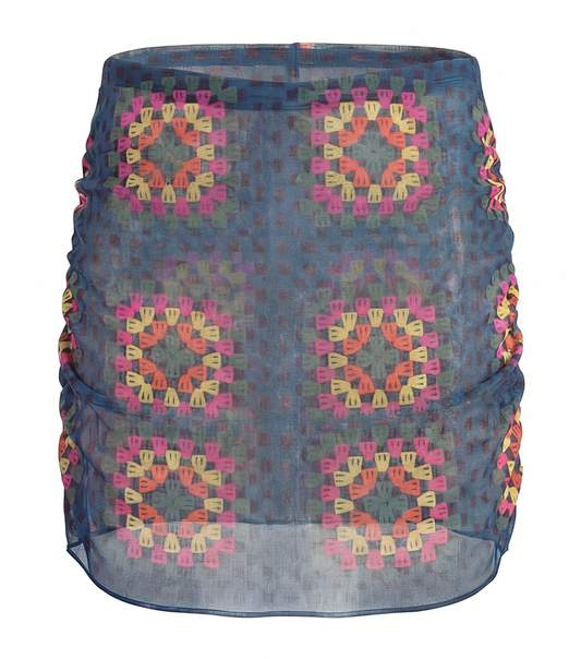 crochet mesh Skirt with colorful geometric pattern on a white background