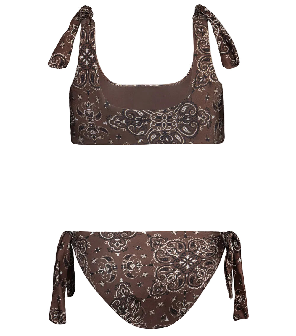 Brown bandana patterned bikini set on a white background