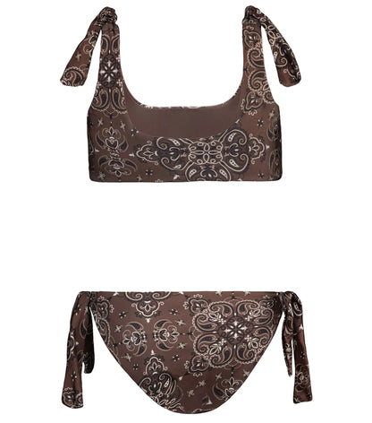 Brown bandana pre order patterned bikini set on a white background