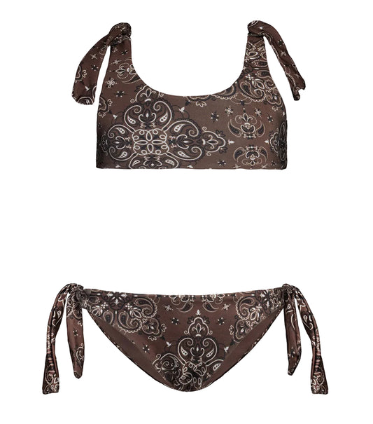 Brown bandana patterned bikini set on a white background