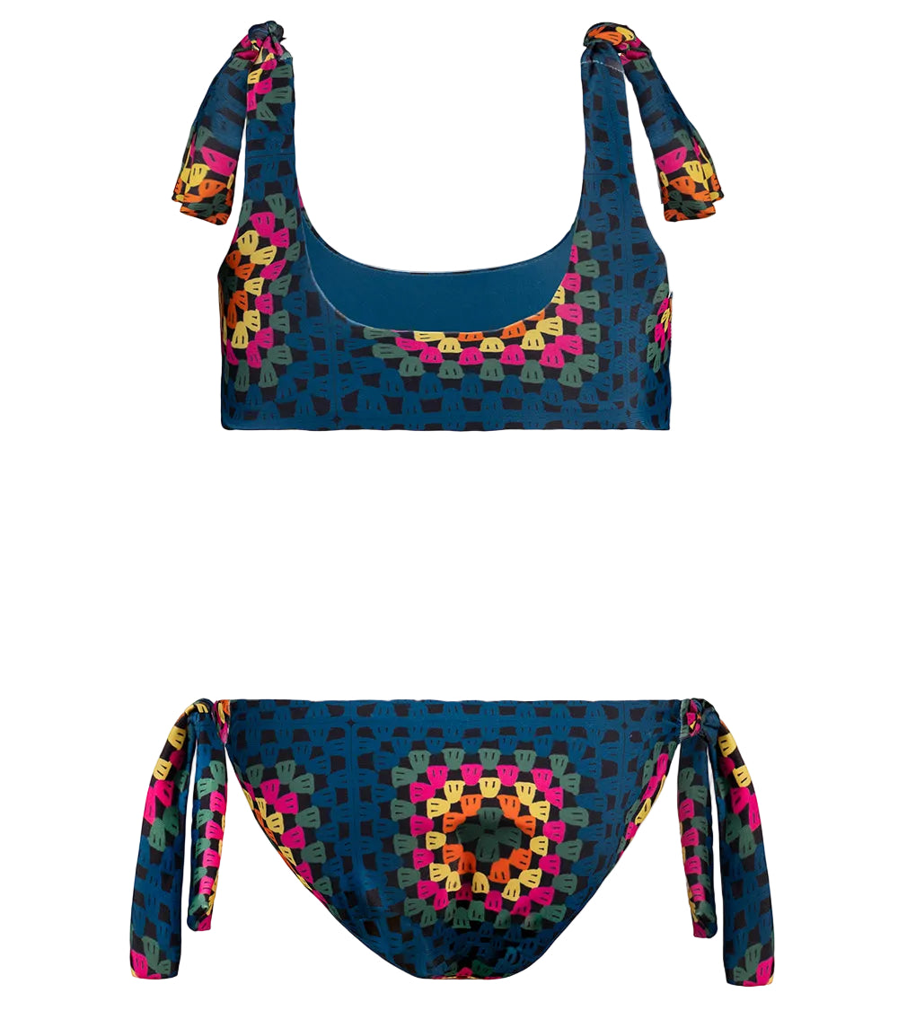 crochet Colorful bikini set with geometric pattern on a white background