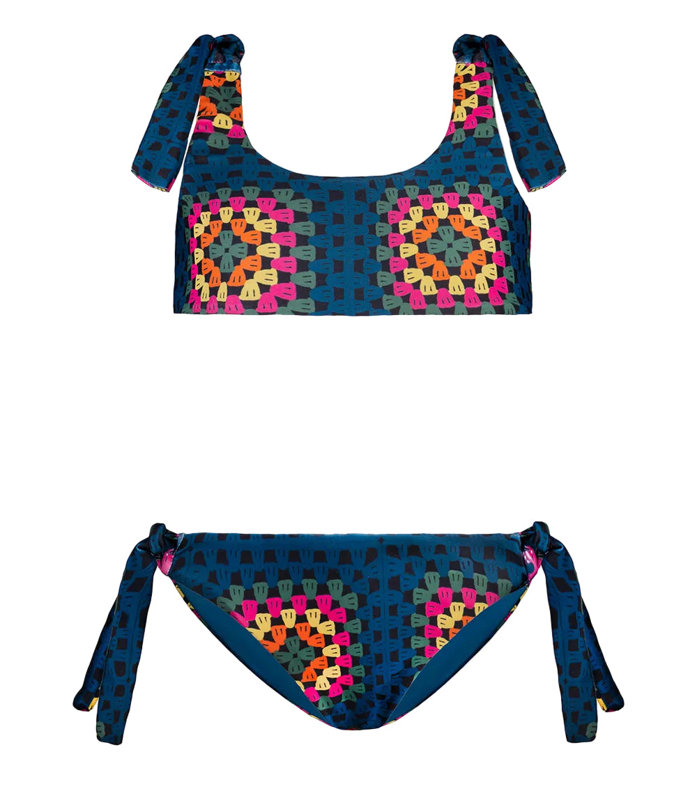 crochet Colorful bikini set with geometric pattern on a white background