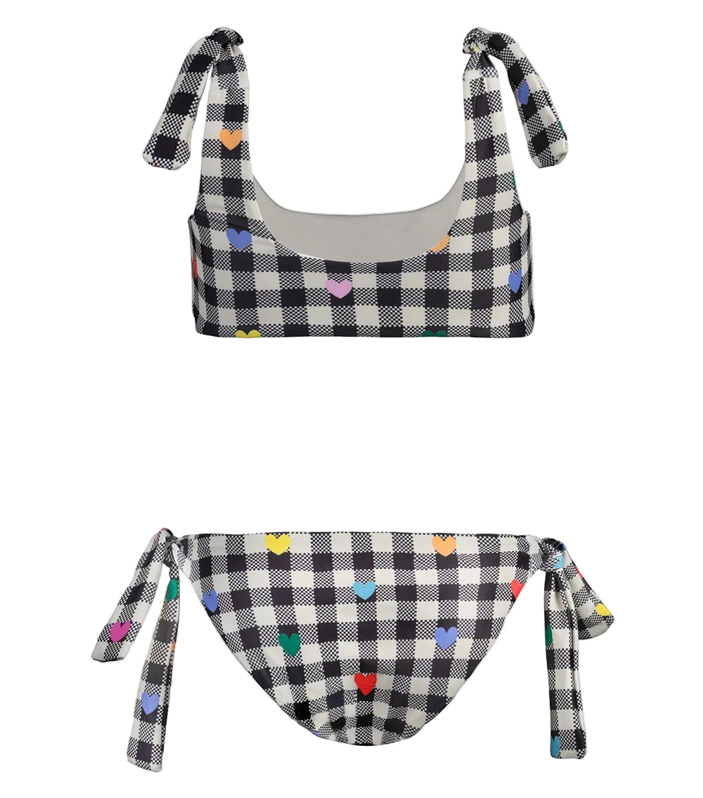gingham emoji Black and white checkered bikini set with colorful heart patterns on a white background