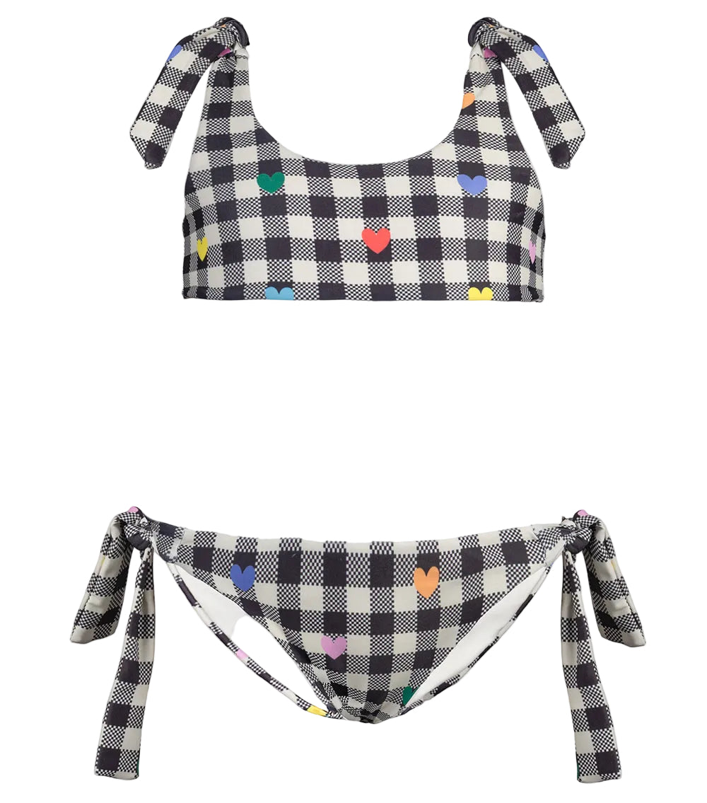 gingham emoji Black and white checkered bikini with colorful heart patterns on a white background