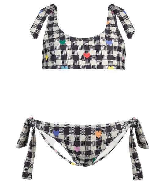 gingham emoji Black and white checkered bikini with colorful heart patterns on a white background
