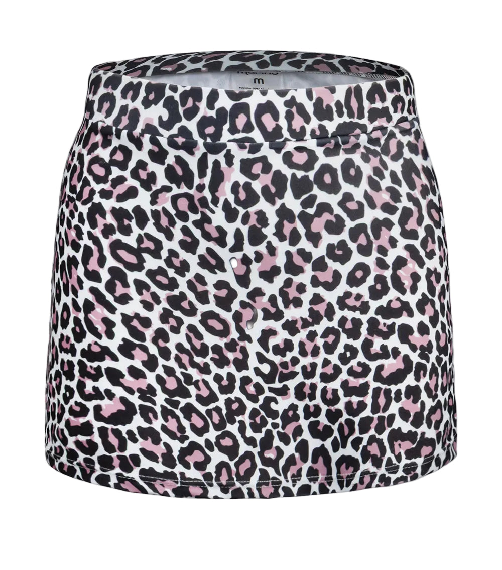 Leopard print skirt with pink and black spots on a white background
