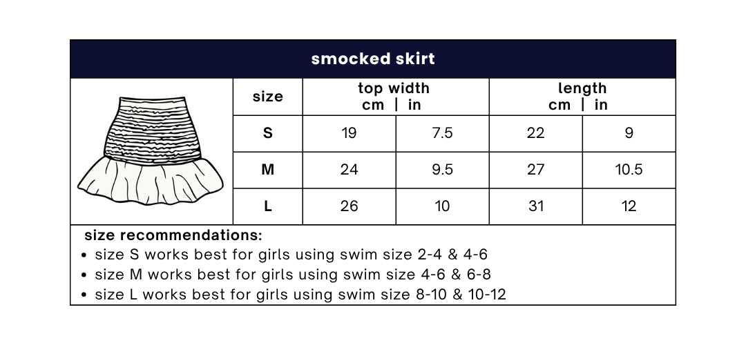 smocked skirt polka dots white size guide