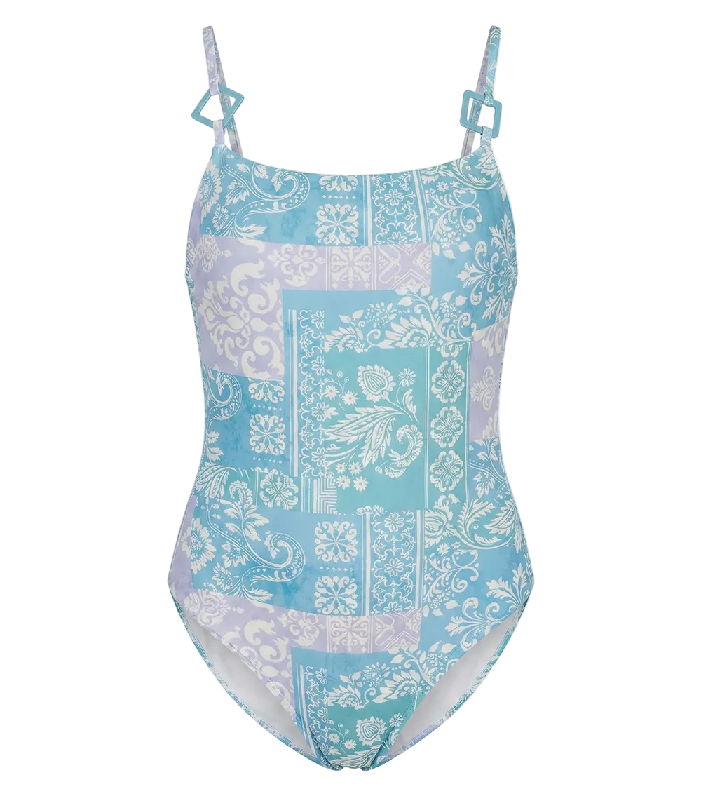 paisley One-piece swimsuit with floral pattern on a white background