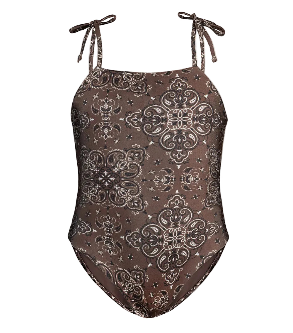 brown bandana patterned swimsuit on a white background