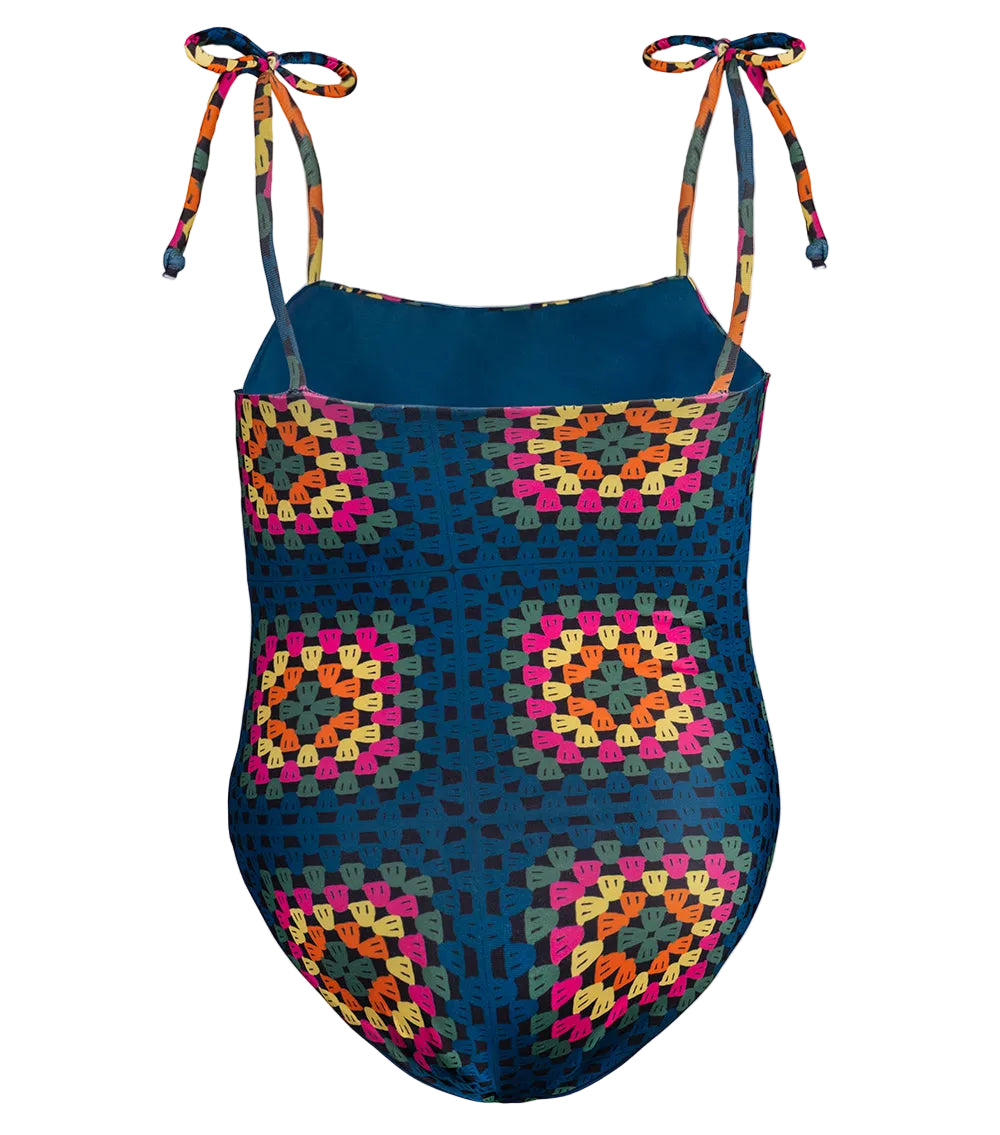 crochet One-piece swimsuit with colorful geometric pattern on a white background