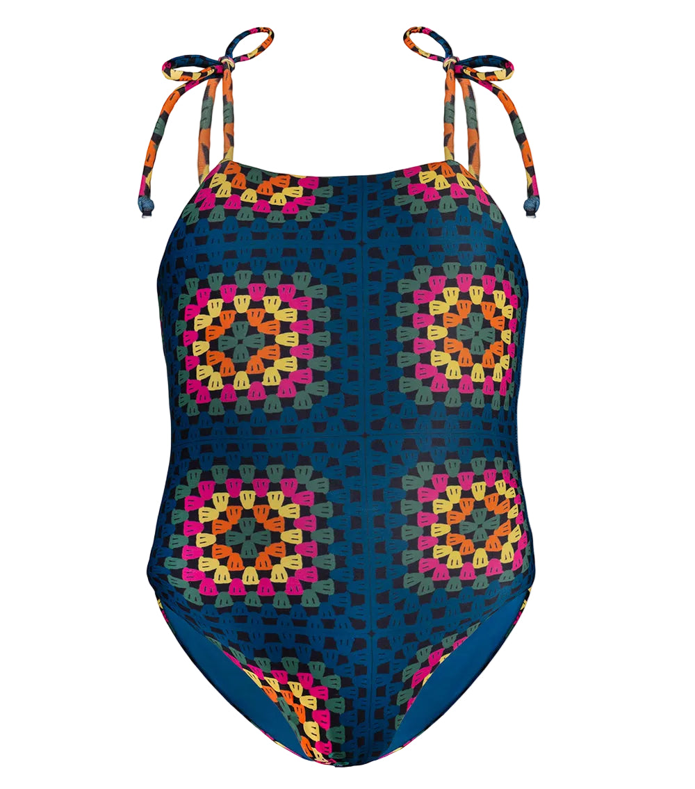 crochet Multicolored patterned swimsuit on a white background