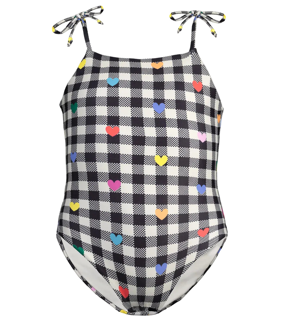 gingham emoji Black and white checkered swimsuit with colorful heart patterns on a white background