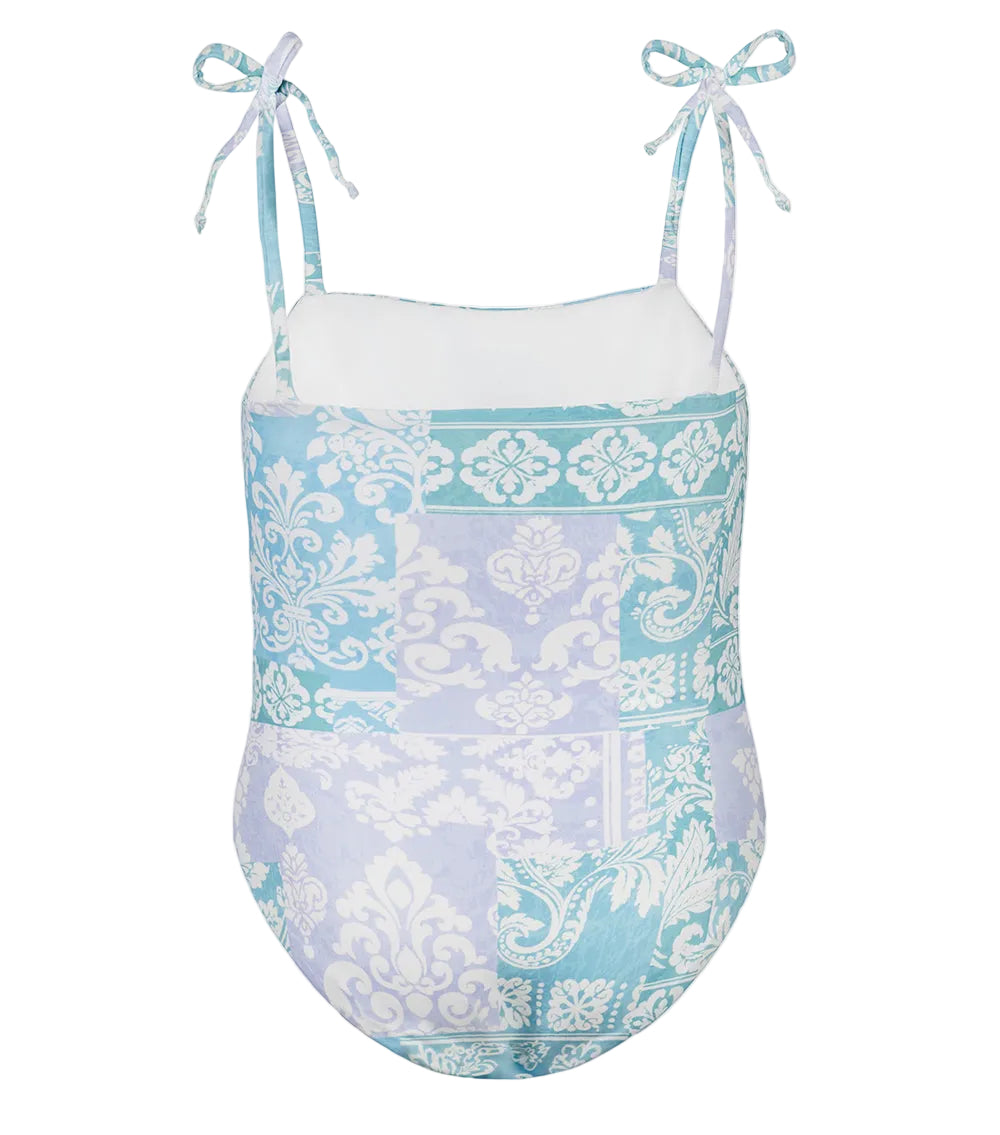 paisley One-piece swimsuit with blue and white pattern on a light gray background