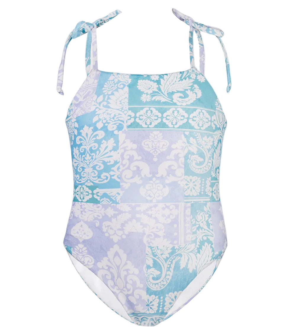 paisley One-piece swimsuit with blue and white floral pattern on a white background
